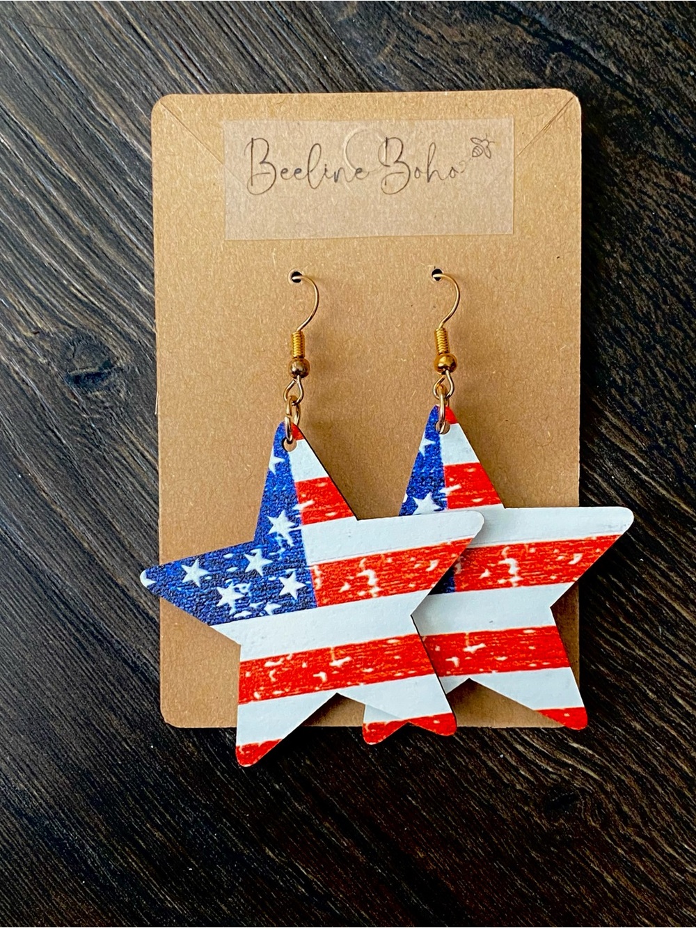 Stars and Stripes 2” distressed Wood Patriotic Earrings Summer Holiday